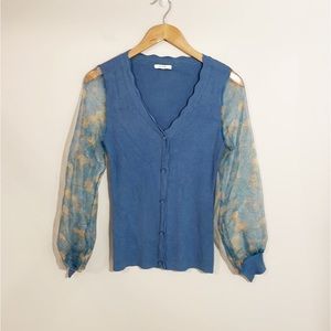 SIONI Vneckline Sweater With Sheer Puff Sleeves Dusty Blue Size Small